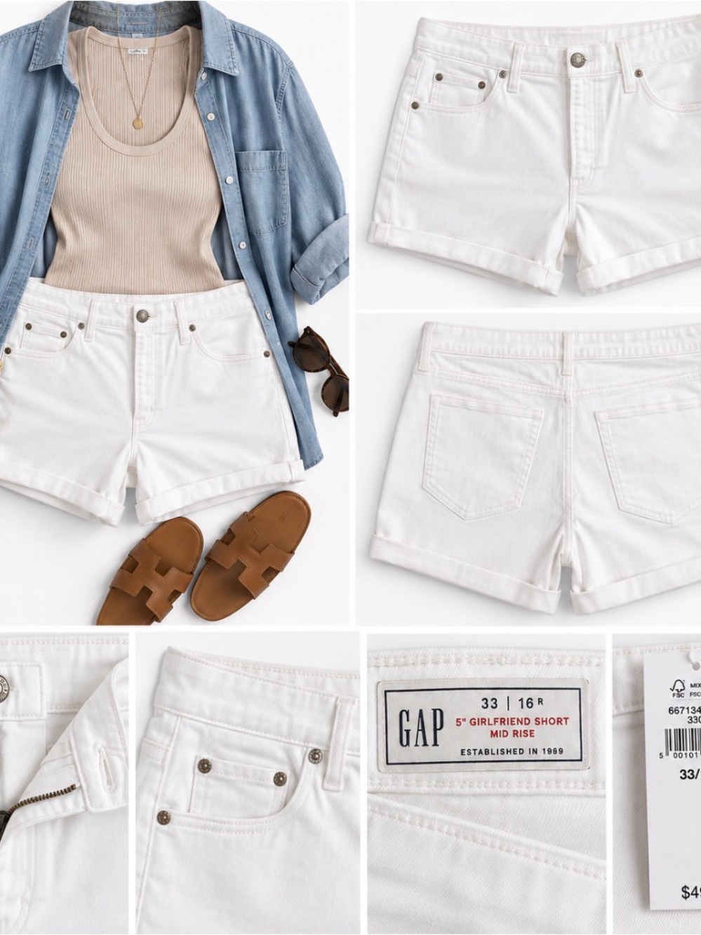 GAP 5” Girlfriend Mid Rise White Denim Shorts Size 33/16 NWT